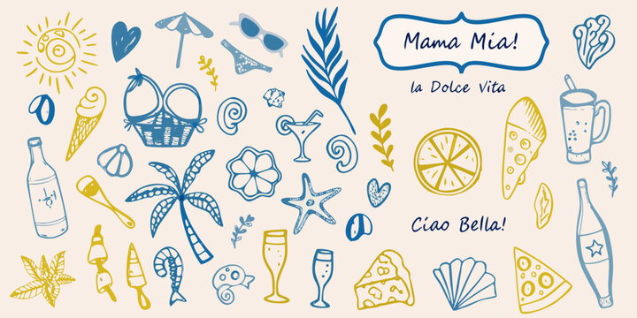 Colorful hand drawn illustration of italian summer vacation elements