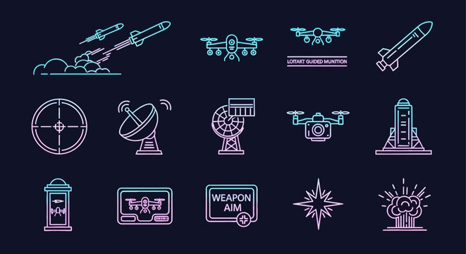 Modern military and defense technology neon icons set on dark background.
