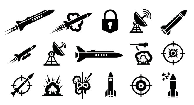 Comprehensive Set of Missile, Rocket, and Defense System Silhouette Icons on Isolated White Background