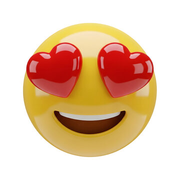 A lovable 3D rendered yellow emoji with big red heart-shaped eyes and a gentle, happy smile, representing love, adoration, and strong affection, isolated on a black background.