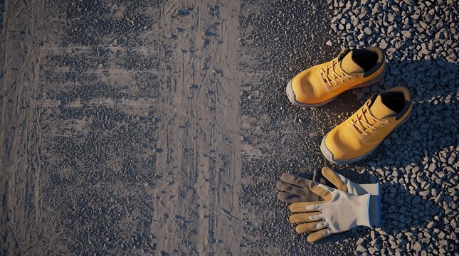 Safety boots with gloves placed on dusty gravel work surface