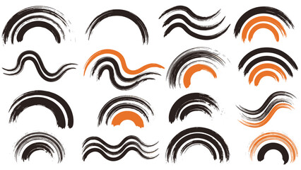 Naklejka premium Dynamic collection of hand-drawn brush stroke arcs and wavy lines in black and orange with a distressed texture, offering versatile design elements for modern abstract art.