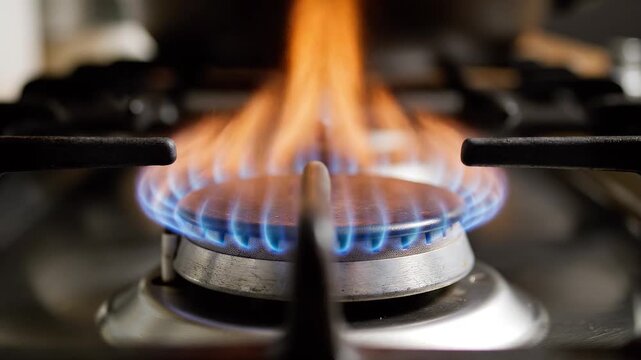 Vibrant Blue Flame on Metal Grate Inside a Kitchen &ndash; Centered Photo View of Warm Cooking Environment