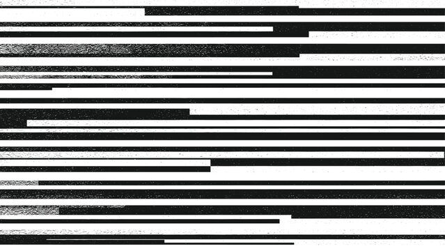 Modern and distorted abstract seamless pattern featuring horizontal black and white lines with a distressed, static, and glitch effect, creating a striking digital art background.