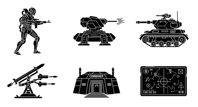 Tactical Military and Defense Glyph Icons Set with Soldier, Tank, Commander Bunker, and Radar Screen on Isolated White Background