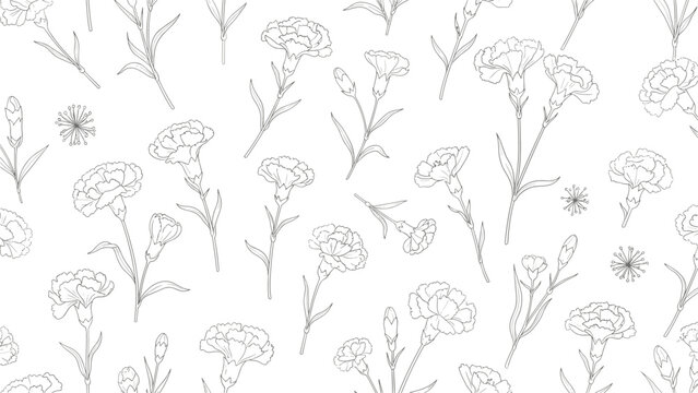 Delicate and detailed seamless botanical pattern featuring hand-drawn outlined carnation flowers and buds with a subtle dashed line texture, creating an elegant floral design.