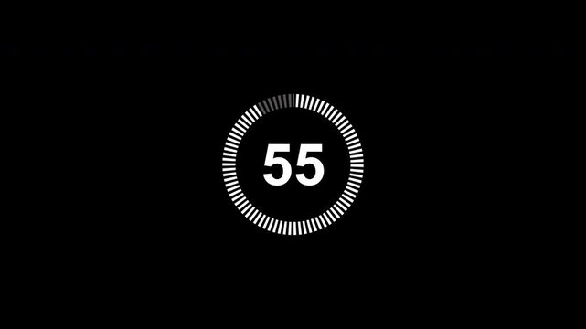 One minute circle countdown timer animation from 60 to 0 seconds with alpha channel, 1 minute circle countdown animation on a transparent background
