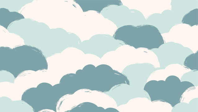 Serene seamless pattern depicting abstract, overlapping cloud shapes with a painterly texture, rendered in muted shades of blue, green, and beige, creating a tranquil atmosphere.