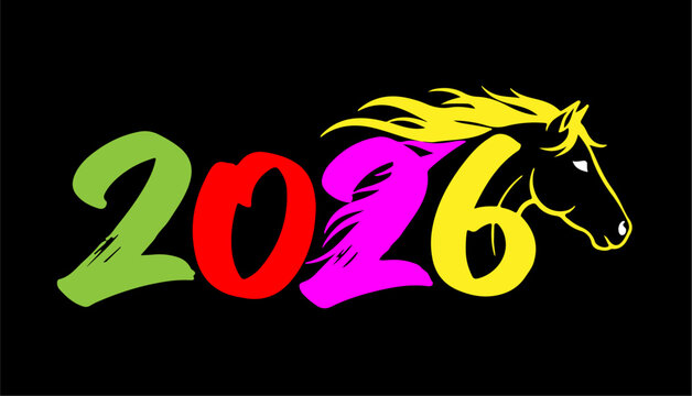 Colorful graphic design featuring the year 2026 and a horse head silhouette