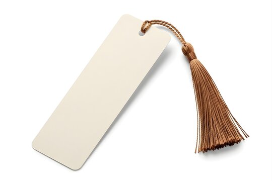 Blank white bookmark with brown tassel on string isolated on white