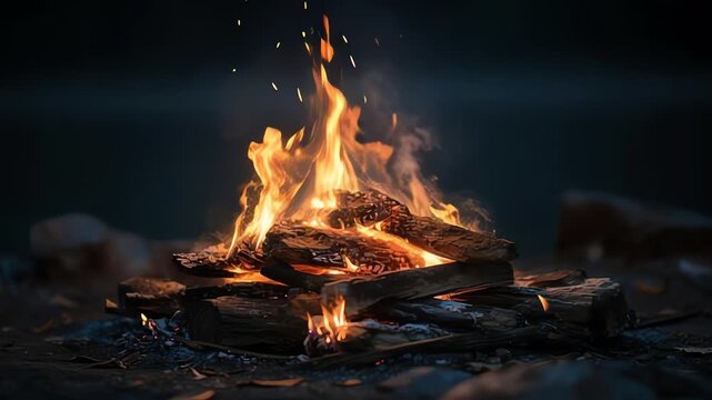 Warm Campfire Flames Flickering at Night