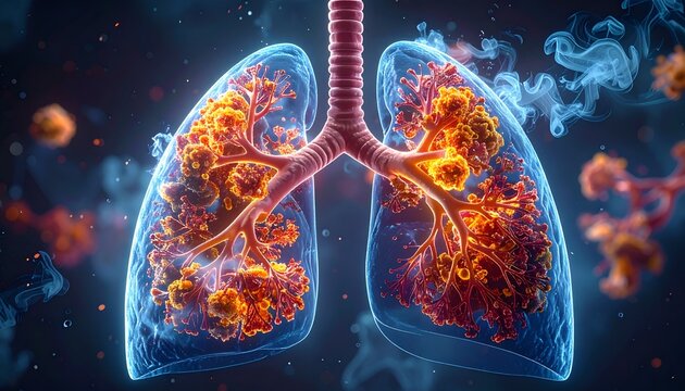 Diseased lungs with inflammation and cellular abnormalities shown