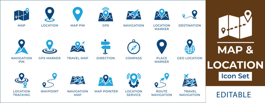 Map and location navigation icon set featuring GPS tracking, destination markers, route navigation, travel maps, compass, geo location, and waypoint positioning symbols.