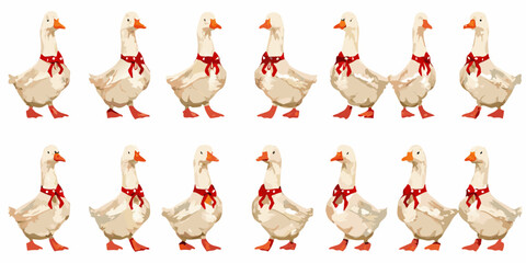 A collection of illustrated geese each adorned with a red bow © MSTShikha