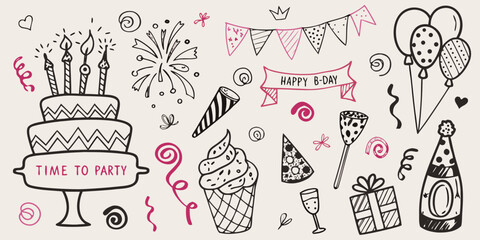 Hand drawn birthday elements including cake balloons and party decorations © MSTShikha