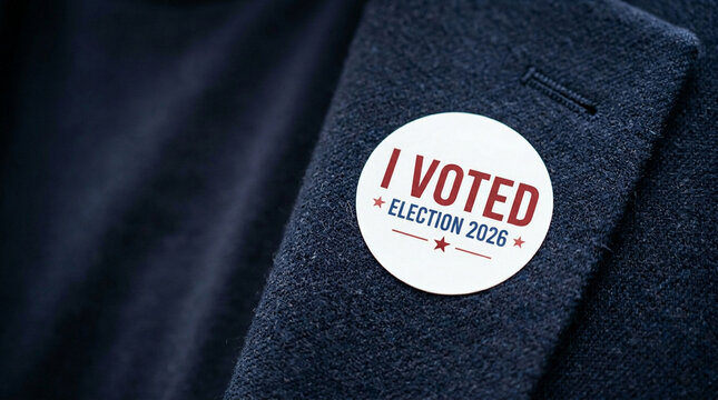 Closeup of I Voted Election 2026 button on dark clothing