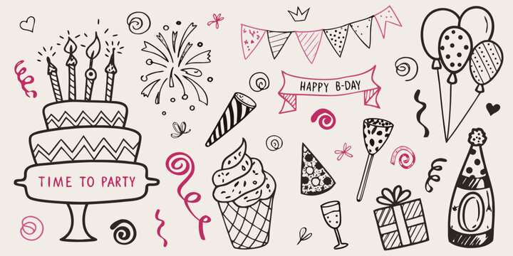Hand drawn birthday elements including cake balloons and party decorations