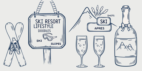 Ski resort lifestyle illustrated with doodles and winter themed elements © MSTShikha