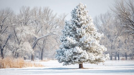 Obraz premium Evergreen conifer stands tall covered in fresh white snow during winter season