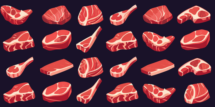 Variety of raw meat cuts displayed in a colorful illustrative pattern