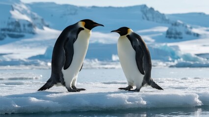 Fototapeta premium Two emperor penguins standing on ice in a snowy Antarctic landscape