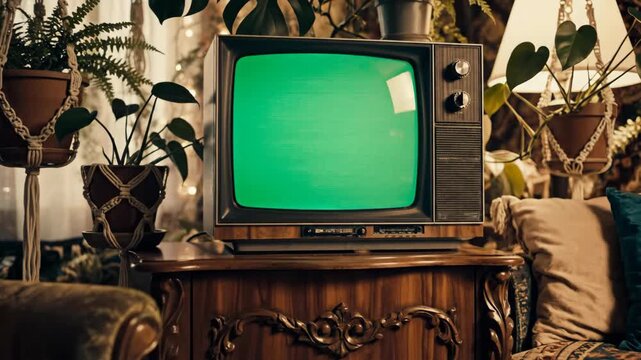 Vintage television with a green screen, set in a cozy bohemian living room filled with plants