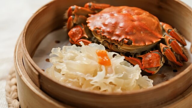 Steamed crab with white fungus in a bamboo steamer