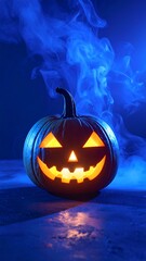 A glowing jack-o-lantern with smoke