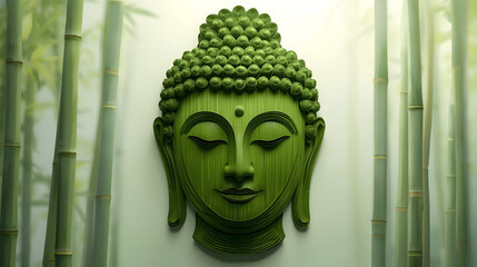 portrait of lord buddha head with made with bamboo with bamboo tree background