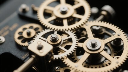 Obraz premium Close-up of interlocking brass gears in a mechanical device