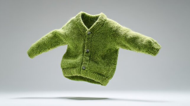 Green knitted sweater with buttons, laid out as if levitating , isolate in white background.
