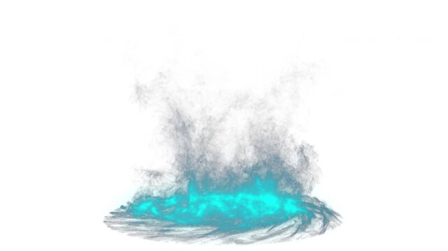 Cinematic 4K blue plasma vortex with mystical smoke rising on white background, ethereal energy swirl VFX element