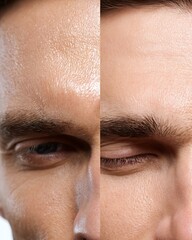 Fototapeta premium before after forehead oil reduction in male skincare, close-up comparison of forehead area, excessive shine and sebum on left, smooth matte skin on righ