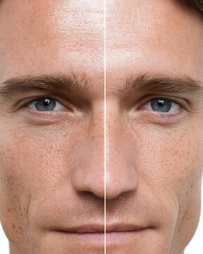 before and after oily T-zone treatment on male face, split face close-up focusing on forehead and nose, shiny oily skin on left, matte balanced skin on right