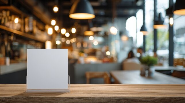 Mock-up of a blank menu label frame on a bar restaurant table, acrylic tent card stand with white sheets, blurred cafeteria background .