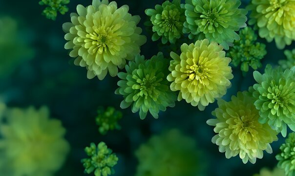 dark backgound stunning spectrum of green shades varibales big flowers like chrysanthemum