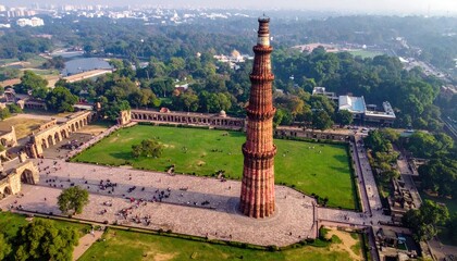 Fototapeta premium Aerial view of a tall, ancient minaret surrounded by ruins and greenery