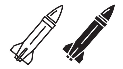 Rocket icons in outline and solid black, representing space exploration and military technology. featuring missile, launch, shuttle with spacecraft © Roberto