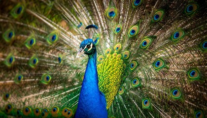 Obraz premium Vibrant peacock displaying feathers. Azure neck and ornate tail with iridescent eye-like patterns spread in fan shape