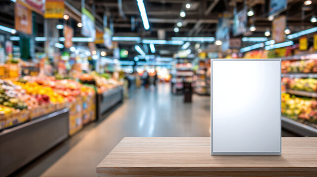 supermarket retail advertising mockup with blank promotional poster on end cap display in grocery store aisle for product marketing
