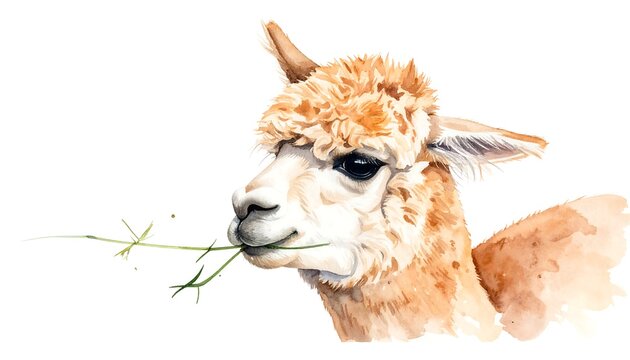 Watercolor illustration of a furry alpaca chewing on grass, rendered in warm brown and cream tones, on a white background