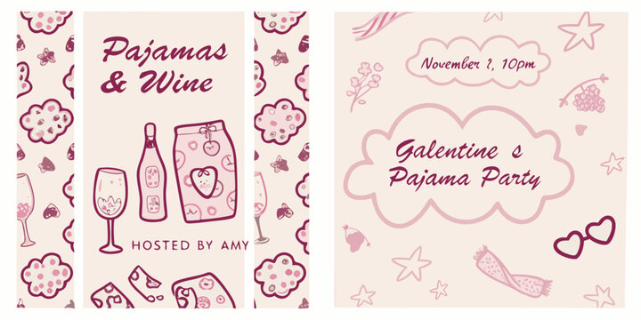 Galentine s pajama party invitation with wine and cute doodle graphics