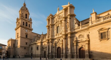 Obraz premium Murcia Cathedrals Baroque Facade and Tower Against a Blue Sky.