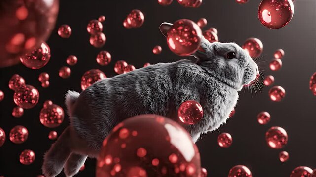 Surreal Gray Rabbit Drifting Amidst Floating Red Bubbles Abstract Background with Soft Lighting