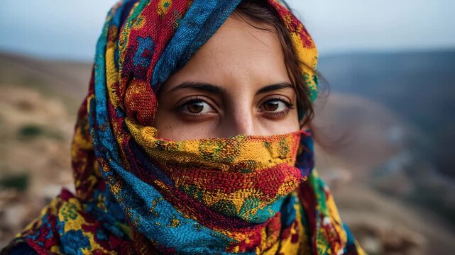 Woman in colorful scarf stands on hillside during twilight near a valley with soft light and distant landscape views