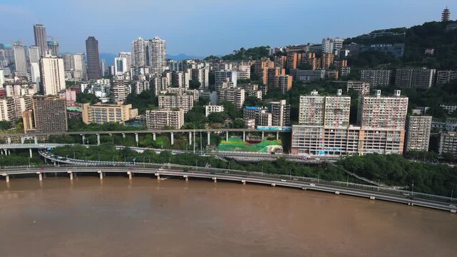 Chongqing Liziba Light Rail Station Aerial View with Flooded River