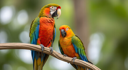 Obraz premium Two colorful parrots perched on a branch in a lush green environment