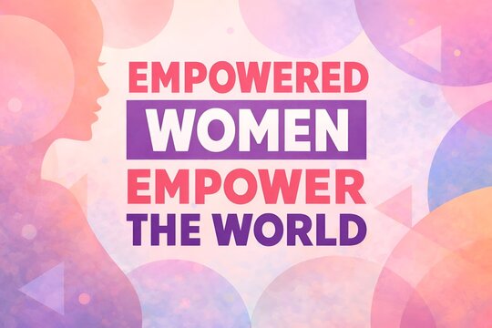 A vibrant poster promoting female empowerment with a colorful background