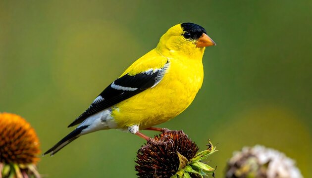 Vibrant yellow finch with black head perched on a faded flower against a blurred green background