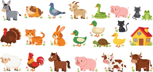 Fototapeta premium Cartoon Farm Animals Including Donkey, Goat, Duck, Pig, Cow, and More with Farmhouse and Nature Elements